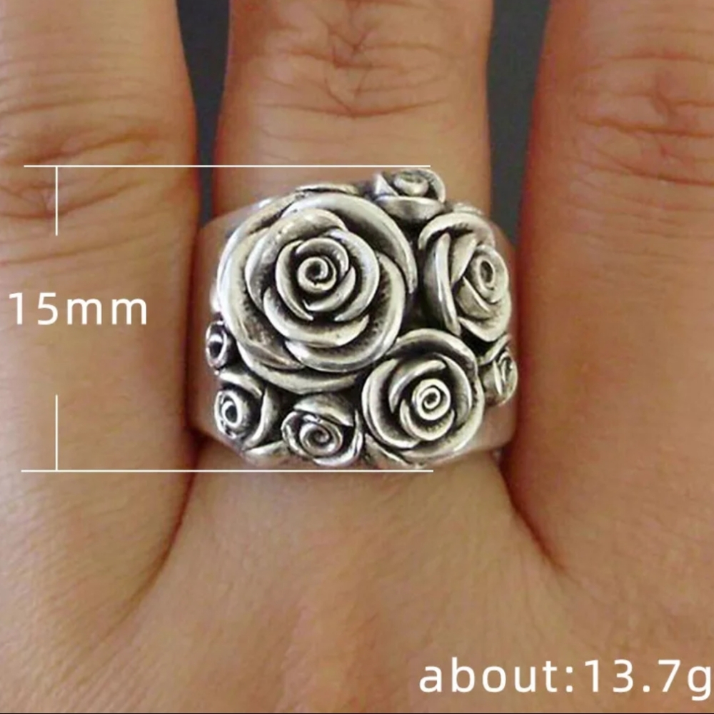 NEW Silver Multi 3D Rose Wide Band Flower Ring - Picture 4 of 4